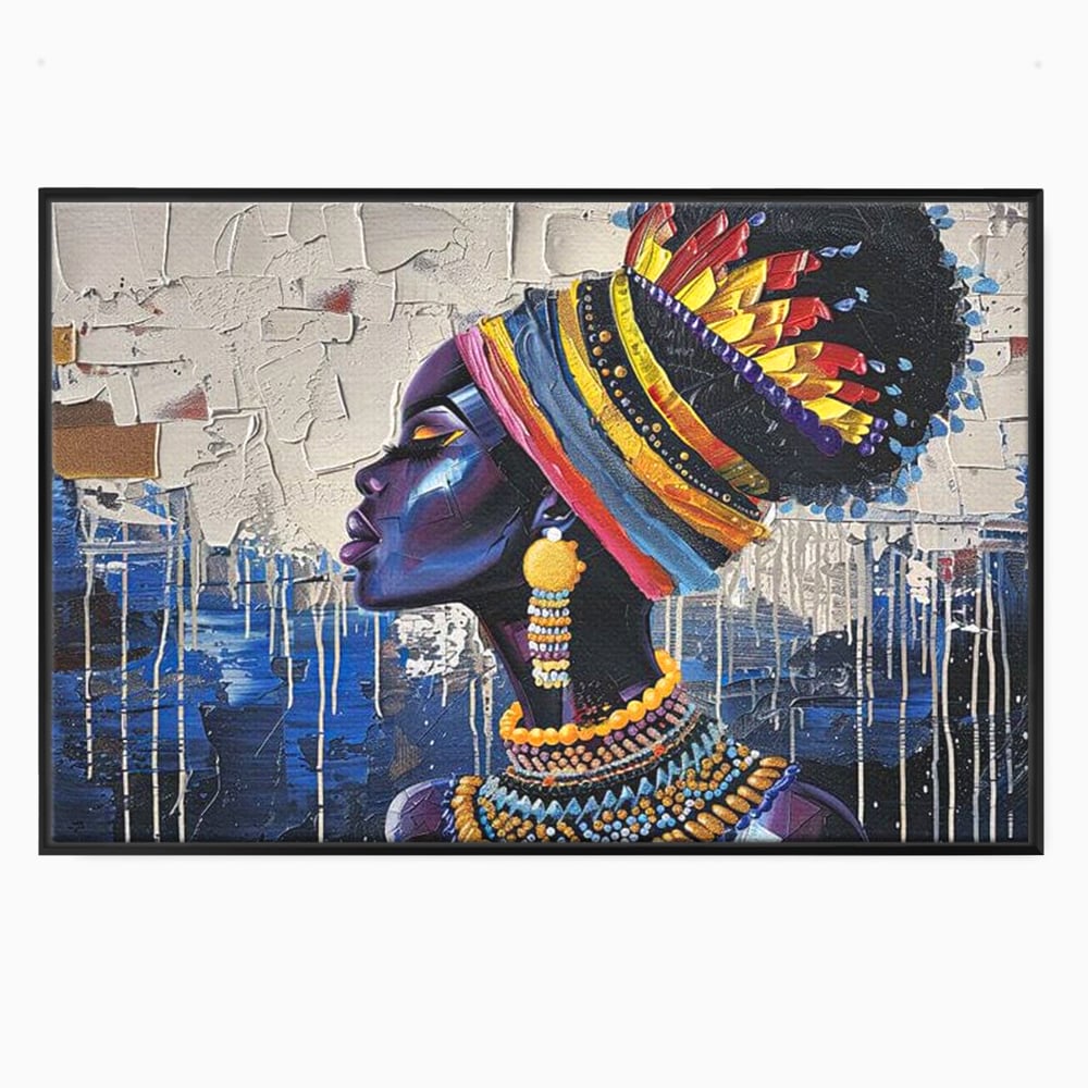 Tablou canvas cu tablou canvas cu regina africana in profil, in rama de aluminiu negru