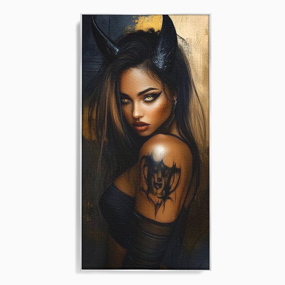 Tablou canvas cu tablou canvas cu portret de femeie demon, in rama de aluminiu argintiu