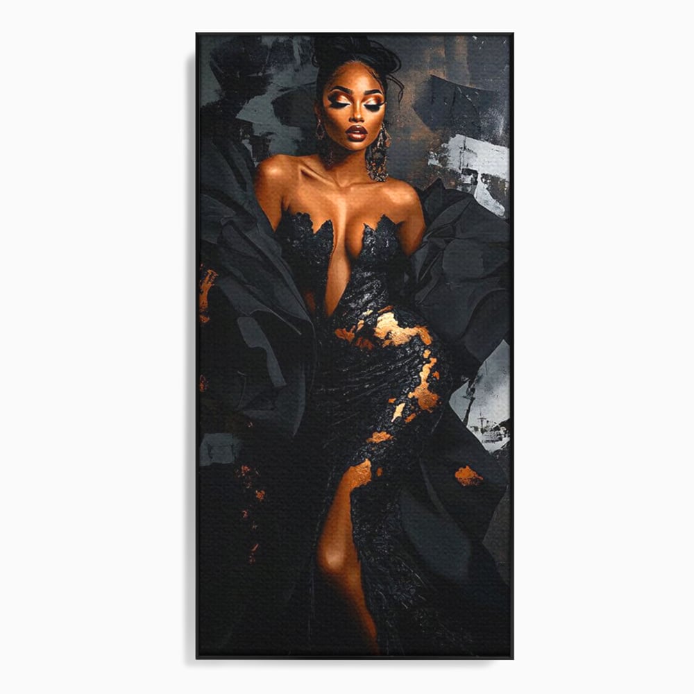 Tablou canvas cu tablou canvas cu portret de femeie, in rama de aluminiu negru