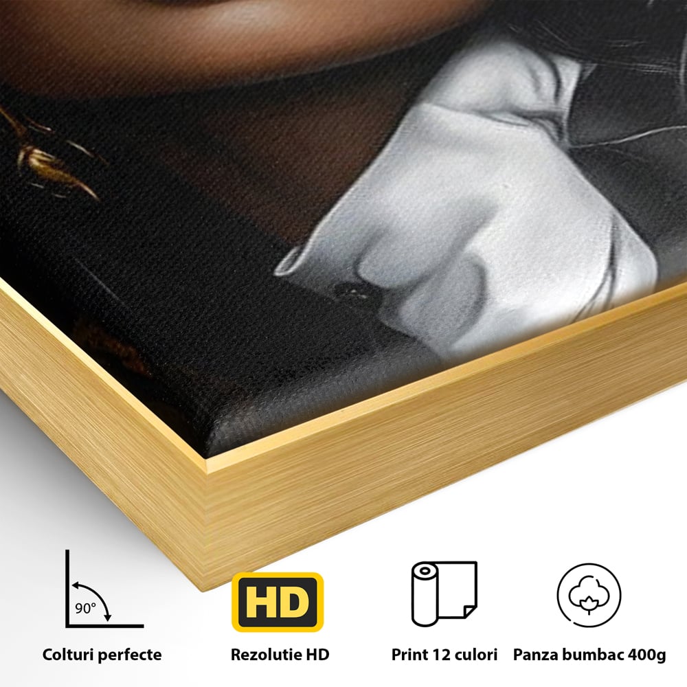 Detaliu al suprafetei: tablou canvas cu femeie in joben si frac, in rama de aluminiu auriu