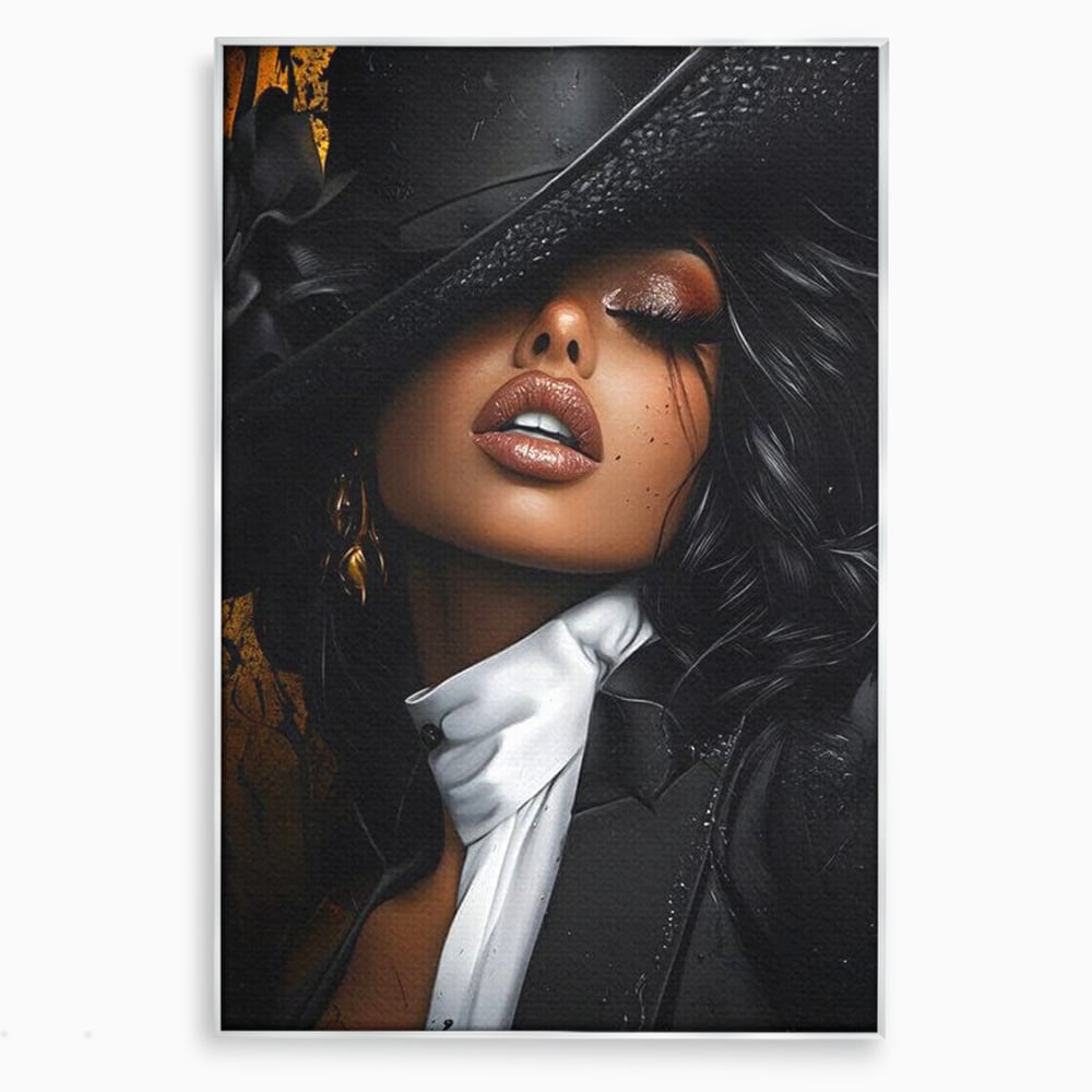 Tablou canvas cu tablou canvas cu femeie in joben si frac, in rama de aluminiu argintiu