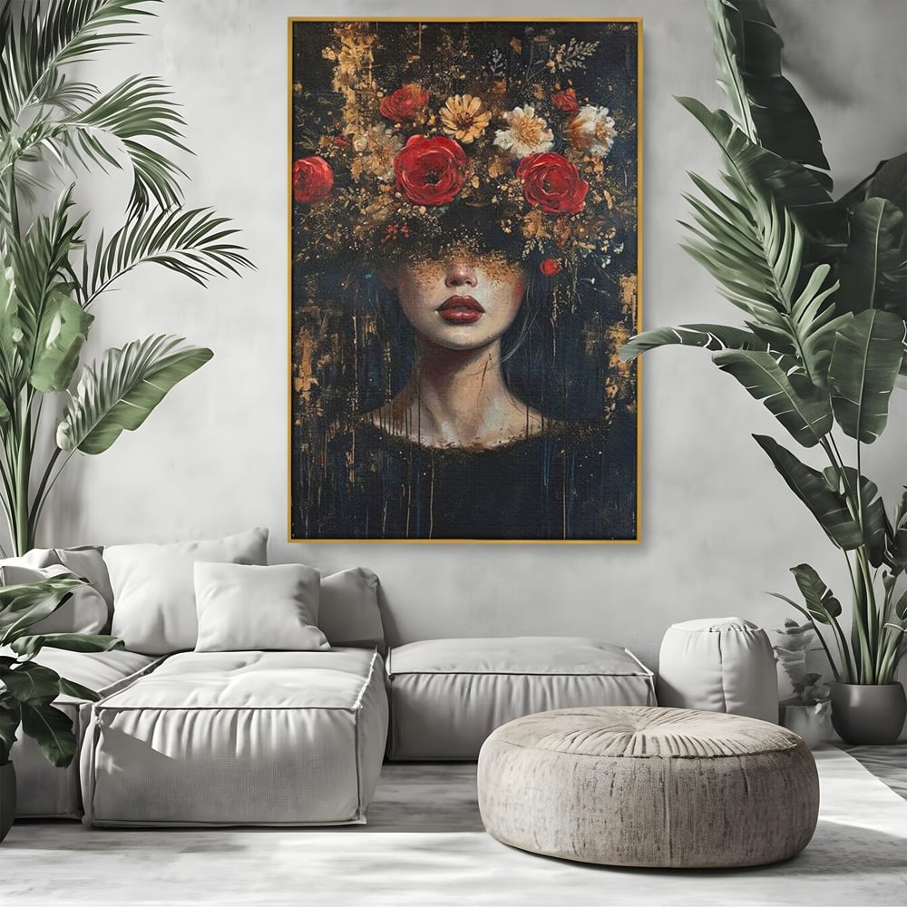 Tablou canvas cu tablou canvas cu portret de femeie si trandafiri rosii, in rama de aluminiu auriu, pe perete intr-un living
