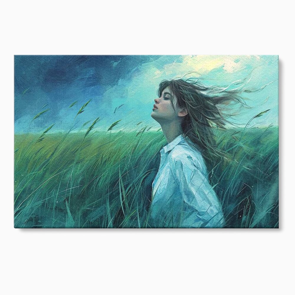 Tablou canvas cu tablou canvas cu fata in camp de iarba, fara rama, pe sasiu de lemn