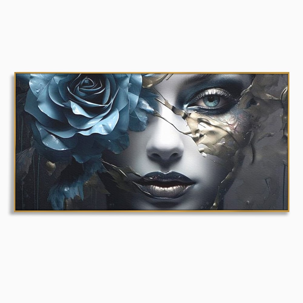 Tablou canvas cu tablou canvas cu chip de femeie si trandafir albastru, in rama de aluminiu auriu