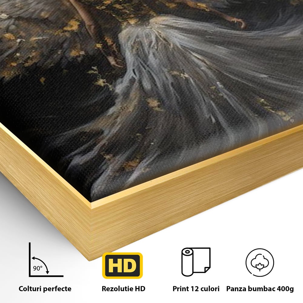 Detaliu al suprafetei: tablou canvas cu inger si aripi, in rama de aluminiu auriu