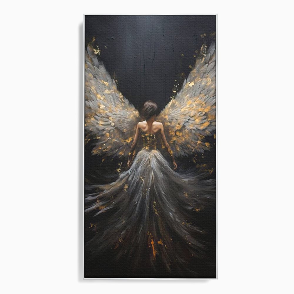 Tablou canvas cu tablou canvas cu inger si aripi, in rama de aluminiu argintiu