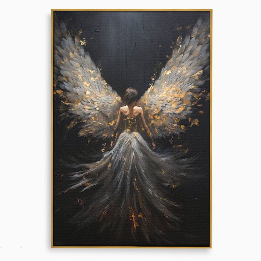 Tablou canvas cu tablou canvas cu inger si aripi, in rama de aluminiu auriu