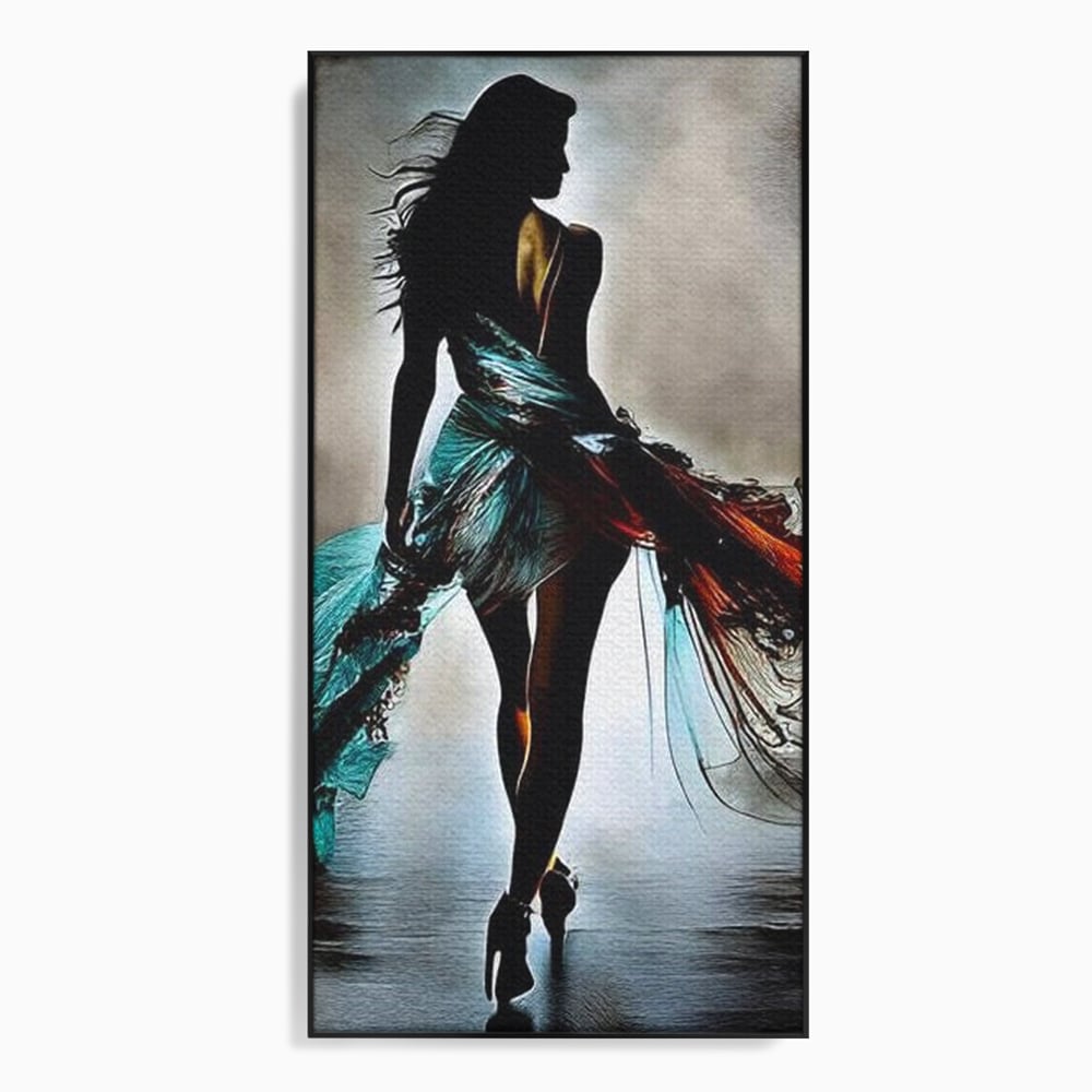 Tablou canvas cu tablou canvas cu silueta feminina si rochie fluida, in rama de aluminiu negru