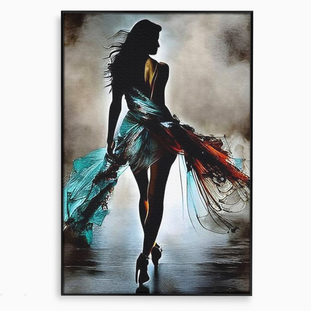 Tablou canvas cu tablou canvas cu silueta feminina si rochie fluida, in rama de aluminiu negru
