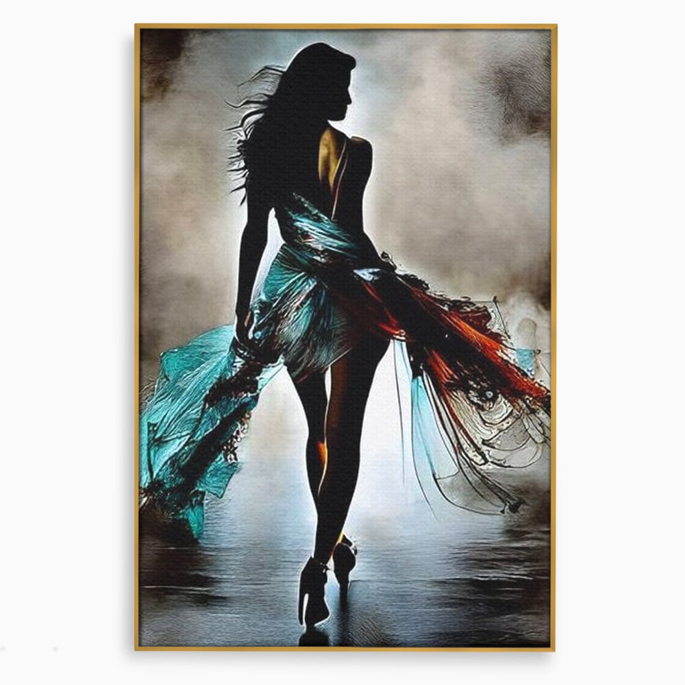 Tablou canvas cu tablou canvas cu silueta feminina si rochie fluida, in rama de aluminiu auriu