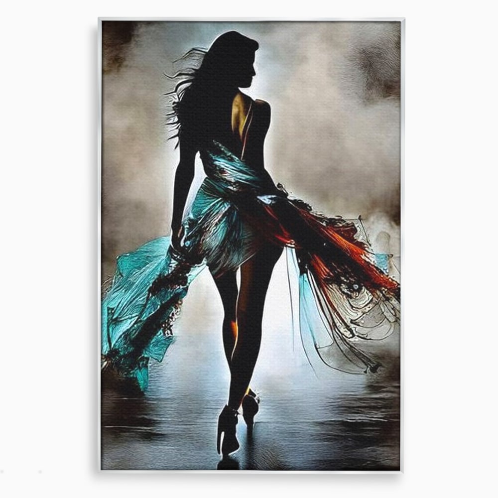 Tablou canvas cu tablou canvas cu silueta feminina si rochie fluida, in rama de aluminiu argintiu