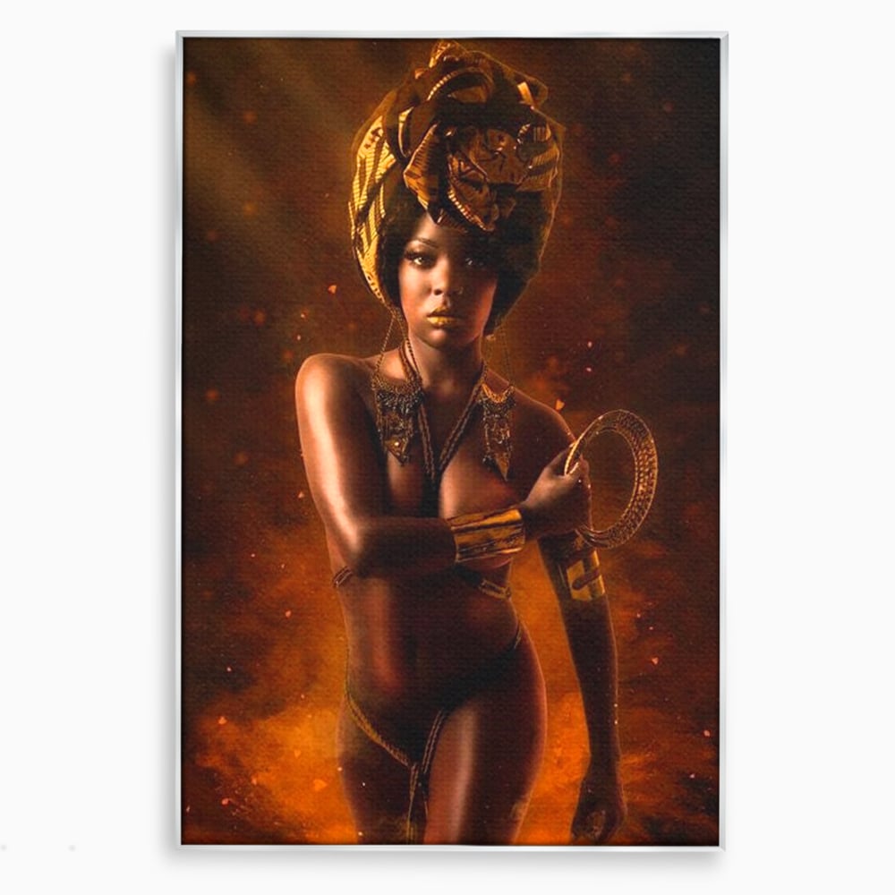 Tablou canvas cu tablou canvas cu femeie si turban, in rama de aluminiu argintiu