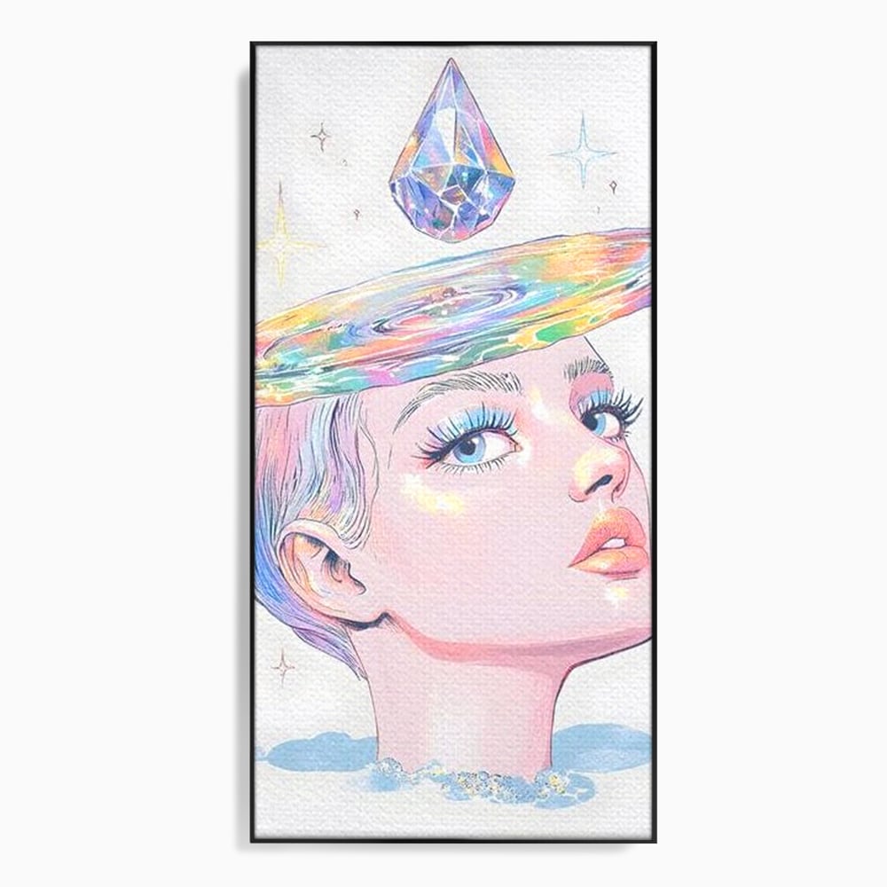 Tablou canvas cu ilustratie cu portret de femeie si galaxie, in rama de aluminiu negru