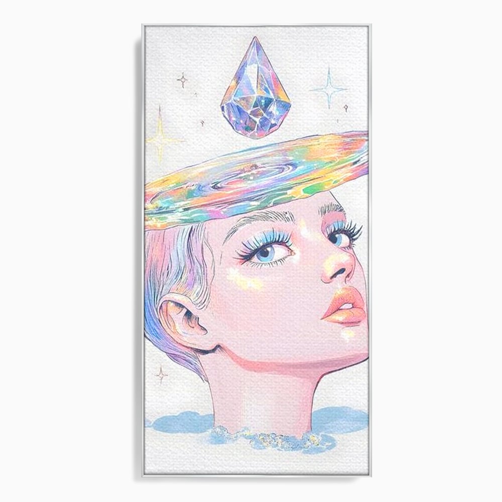 Tablou canvas cu ilustratie cu portret de femeie si galaxie, in rama de aluminiu argintiu