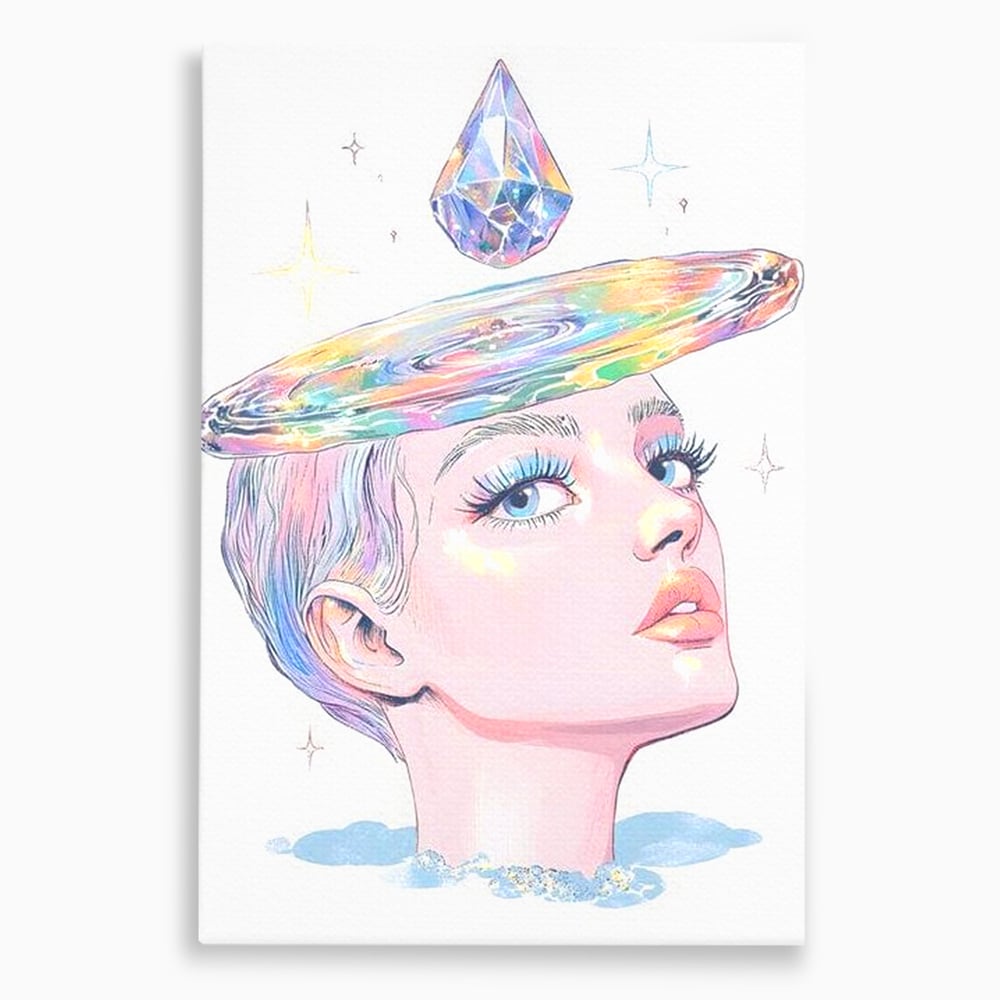 Tablou canvas cu ilustratie cu portret de femeie si galaxie, fara rama, pe sasiu de lemn