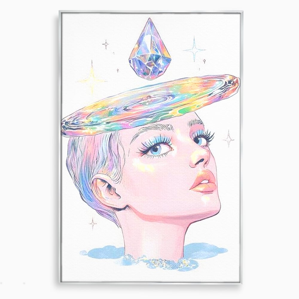 Tablou canvas cu ilustratie cu portret de femeie si galaxie, in rama de aluminiu argintiu