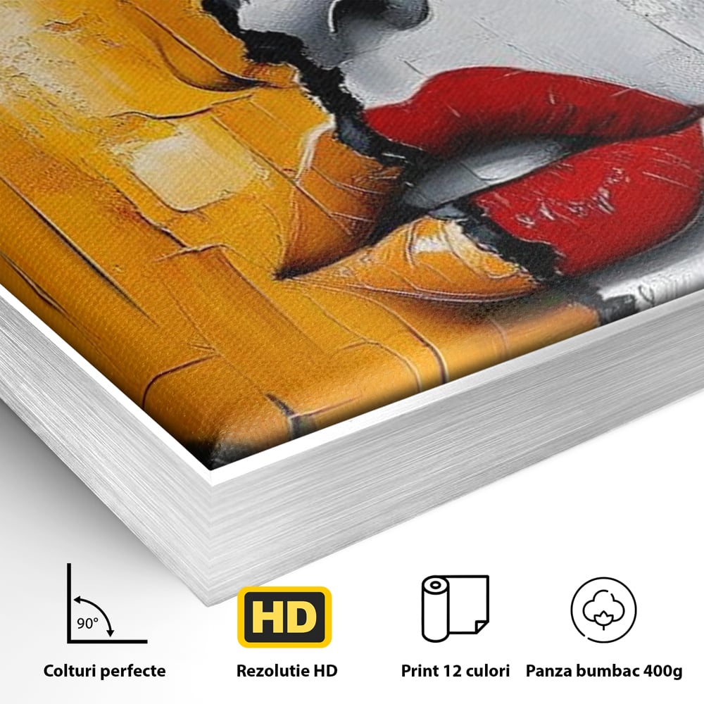 Detaliu al suprafetei: tablou canvas portret feminin divizat, in rama de aluminiu argintiu