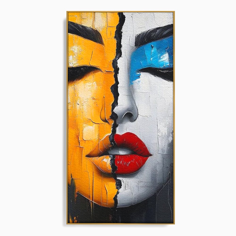 Tablou canvas cu tablou canvas portret feminin divizat, in rama de aluminiu auriu