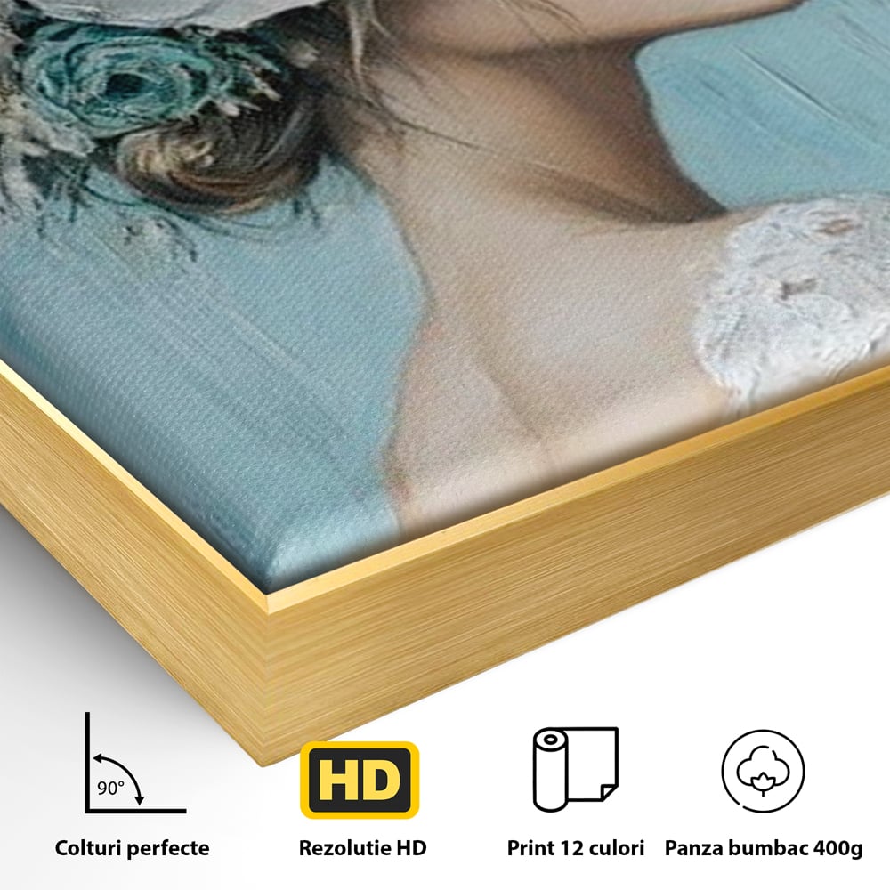 Detaliu al suprafetei: tablou canvas cu femeie si flori, in rama de aluminiu auriu