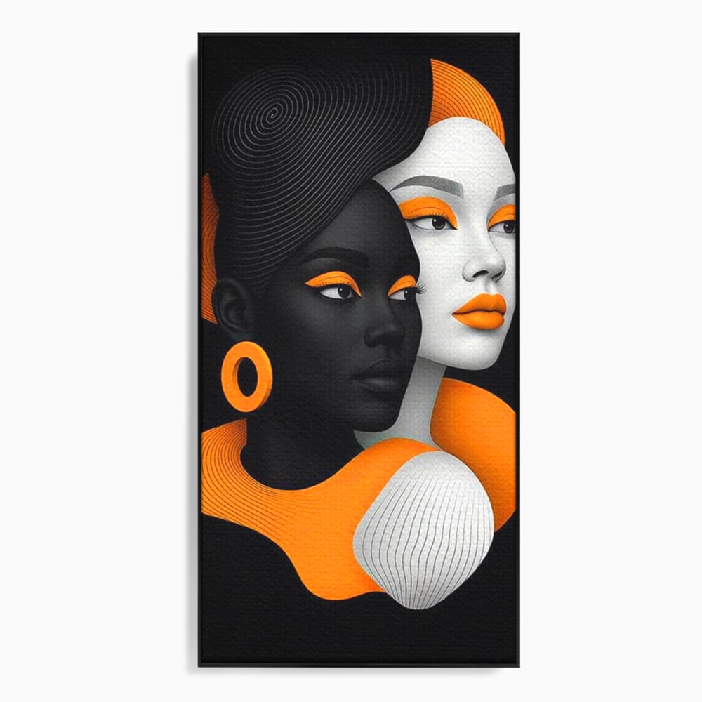 Tablou canvas cu ilustratie digitala cu doua chipuri de femeie, in rama de aluminiu negru