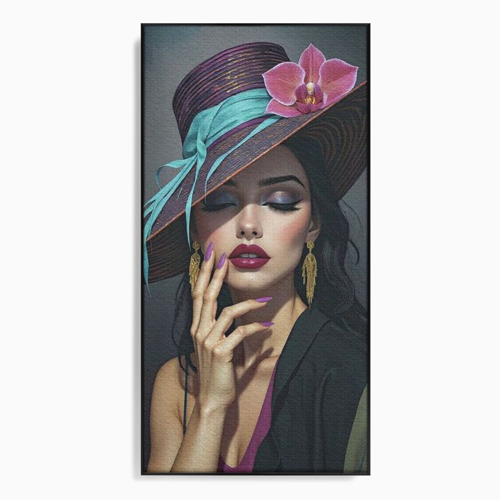 Tablou canvas cu tablou canvas cu portret de femeie cu palarie si orhidee, in rama de aluminiu negru