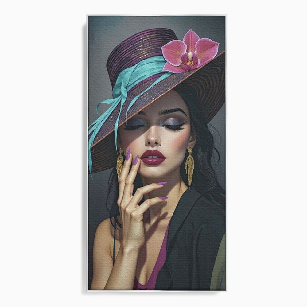 Tablou canvas cu tablou canvas cu portret de femeie cu palarie si orhidee, in rama de aluminiu argintiu