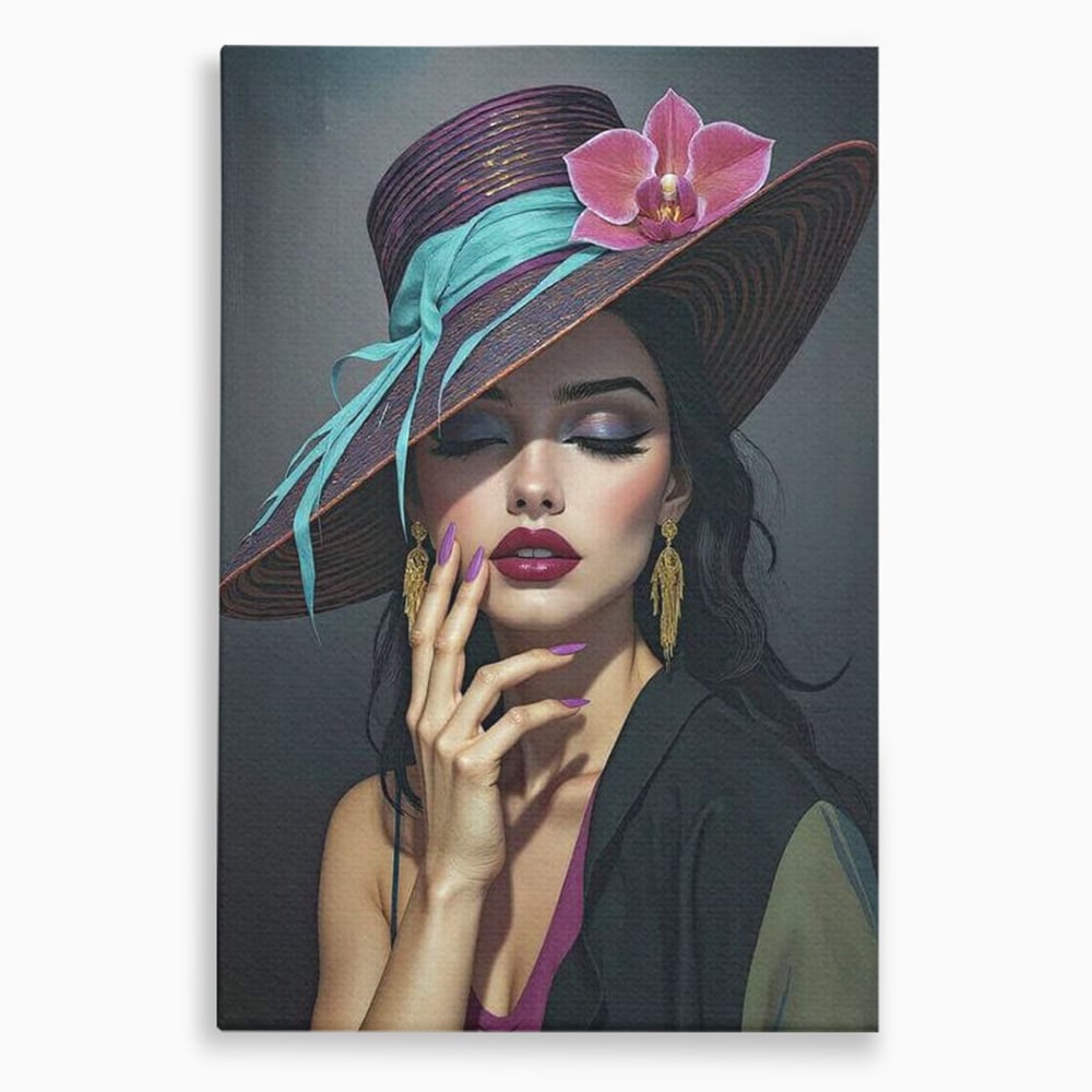 Tablou canvas cu tablou canvas cu portret de femeie cu palarie si orhidee, fara rama, pe sasiu de lemn