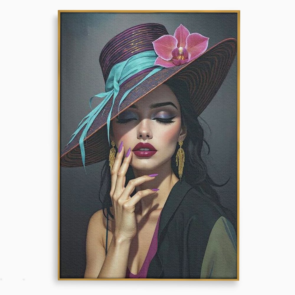 Tablou canvas cu tablou canvas cu portret de femeie cu palarie si orhidee, in rama de aluminiu auriu