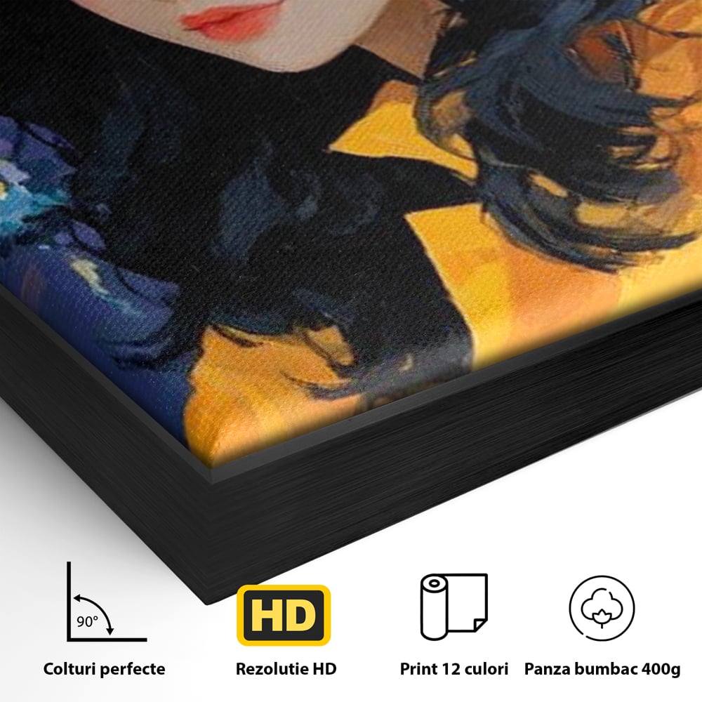 Detaliu al suprafetei: tablou canvas cu femeie in pelerina galben, in rama de aluminiu negru