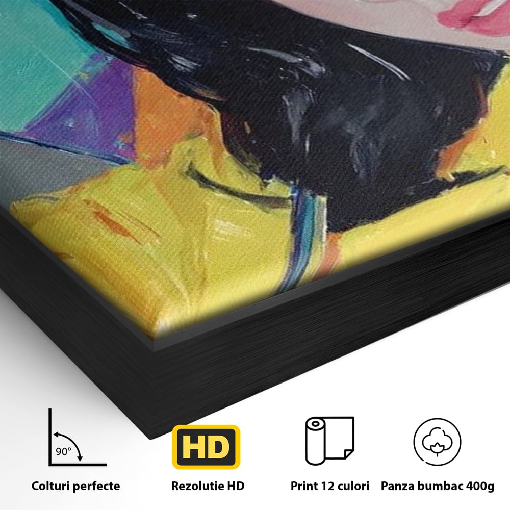 Detaliu al suprafetei: pictura cu femeie bruneta si umbrela colorata, in rama de aluminiu negru