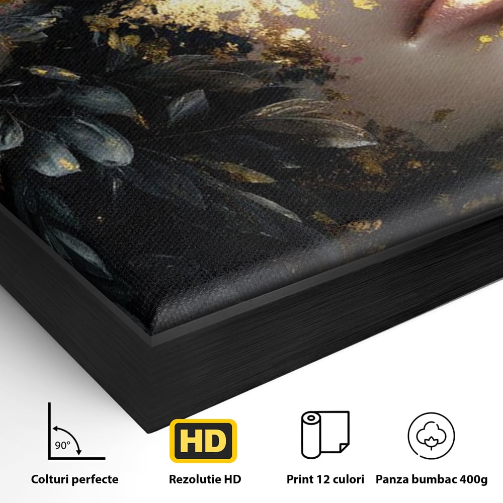Detaliu al suprafetei: tablou canvas cu chip de femeie, in rama de aluminiu negru
