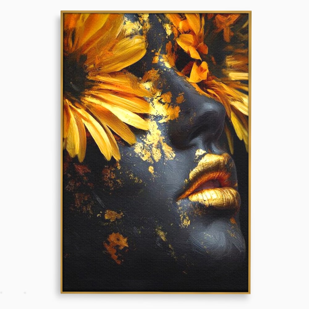 Tablou canvas cu tablou canvas cu portret feminin si foita aurie, in rama de aluminiu auriu