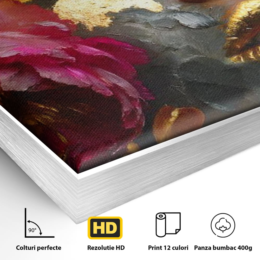 Detaliu al suprafetei: tablou canvas cu portret feminin si foita de aur, in rama de aluminiu argintiu