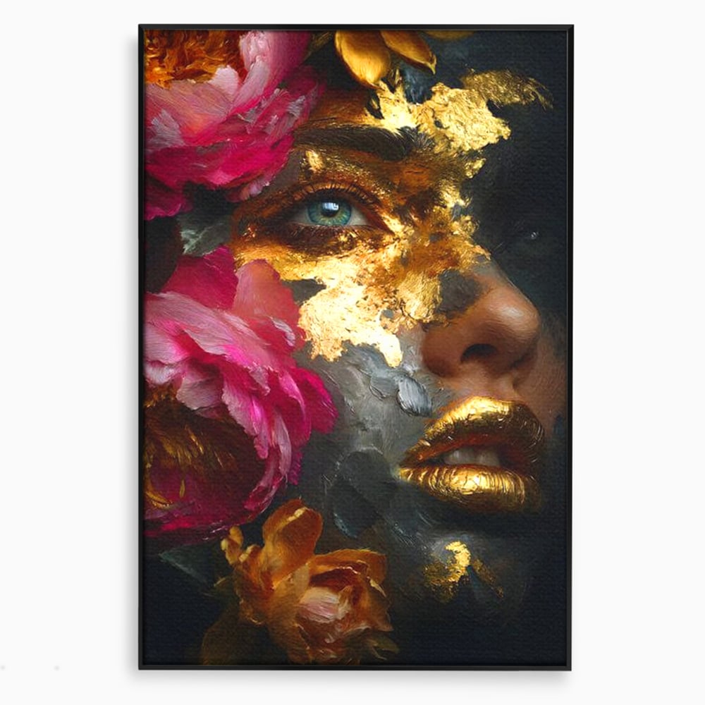 Tablou canvas cu tablou canvas cu portret feminin si foita de aur, in rama de aluminiu negru