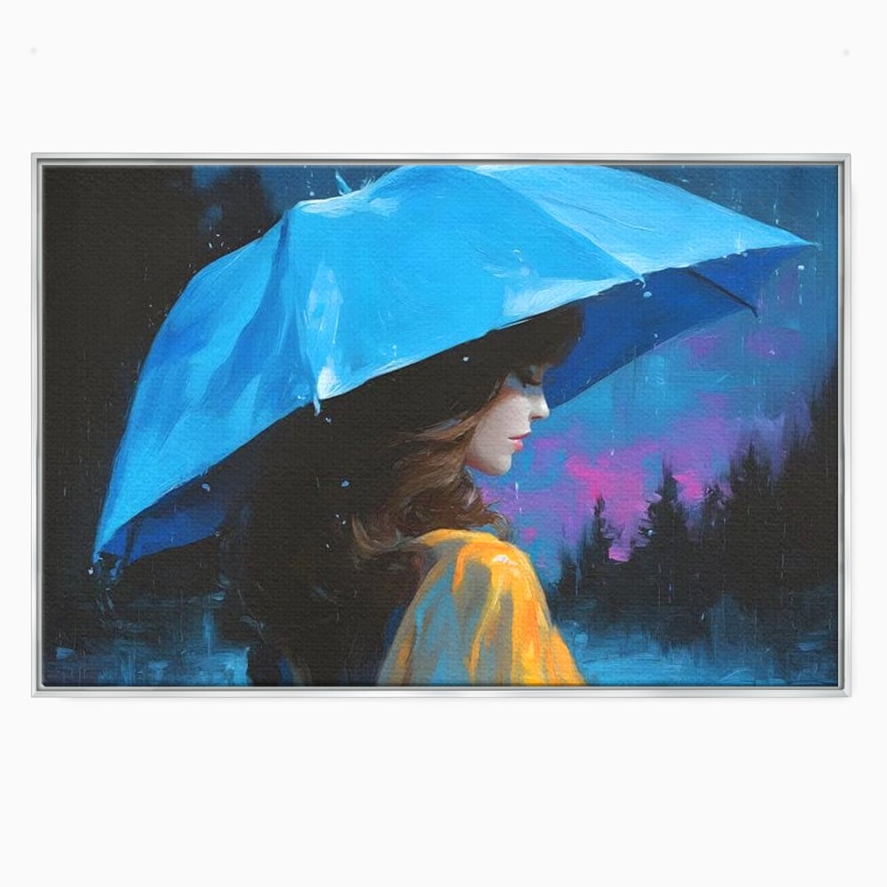 Tablou canvas cu pictura cu femeie sub umbrela albastra, in rama de aluminiu argintiu