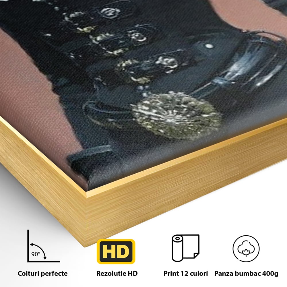 Detaliu al suprafetei: tablou canvas cu femeie aristocrata imbracata in negru, in rama de aluminiu auriu