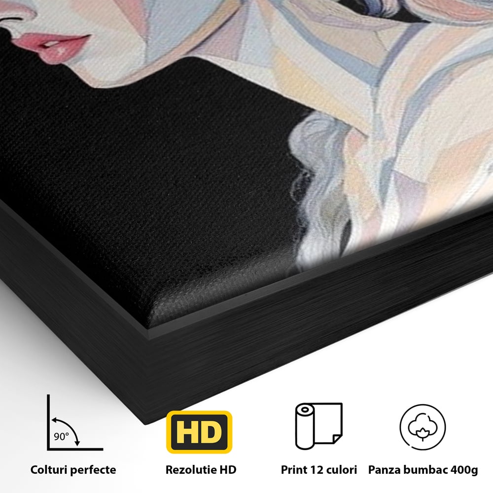 Detaliu al suprafetei: tablou canvas cu femeie in stil cubist, in rama de aluminiu negru