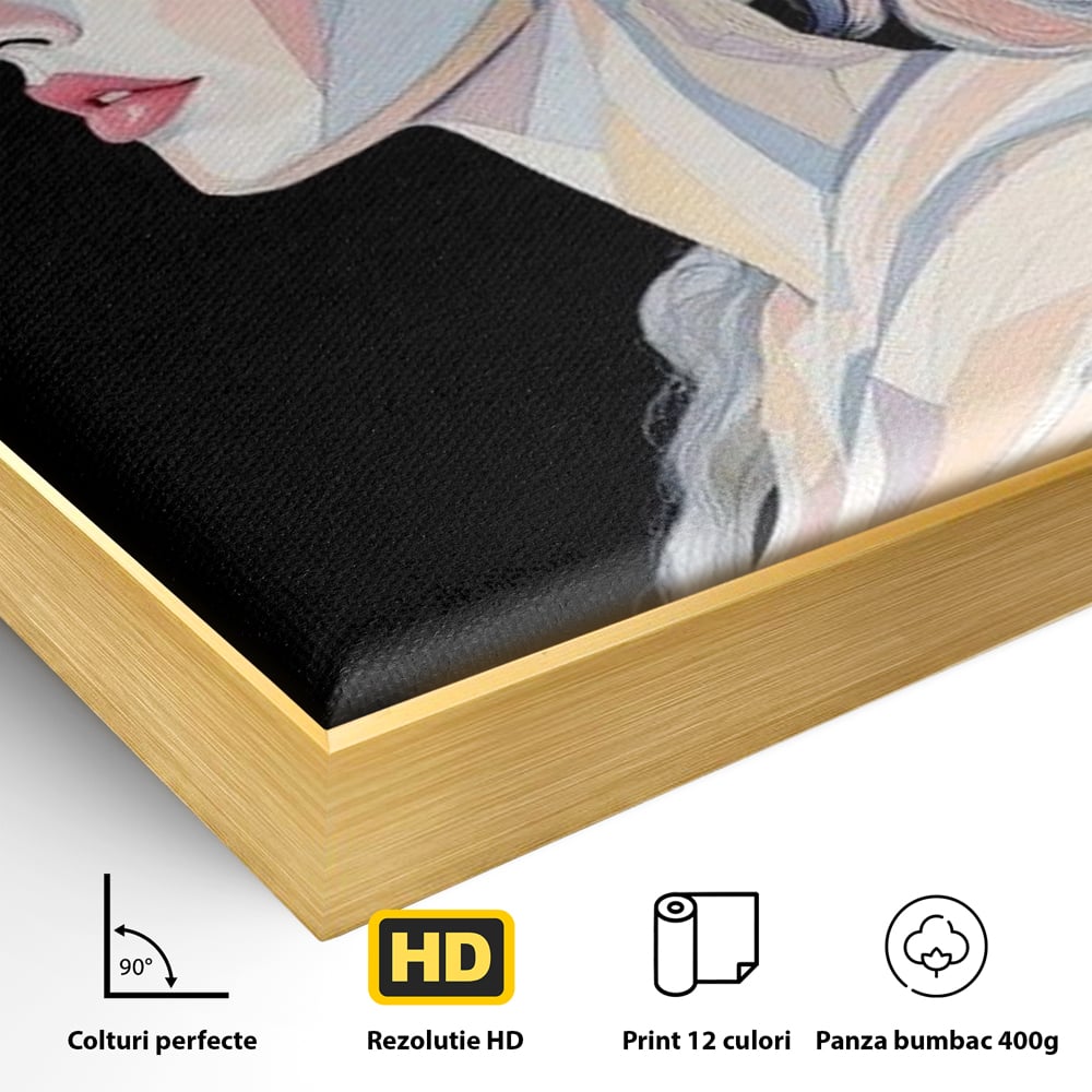 Detaliu al suprafetei: tablou canvas cu femeie in stil cubist, in rama de aluminiu auriu