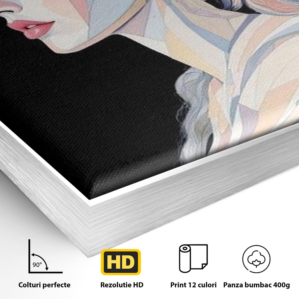 Detaliu al suprafetei: tablou canvas cu femeie in stil cubist, in rama de aluminiu argintiu