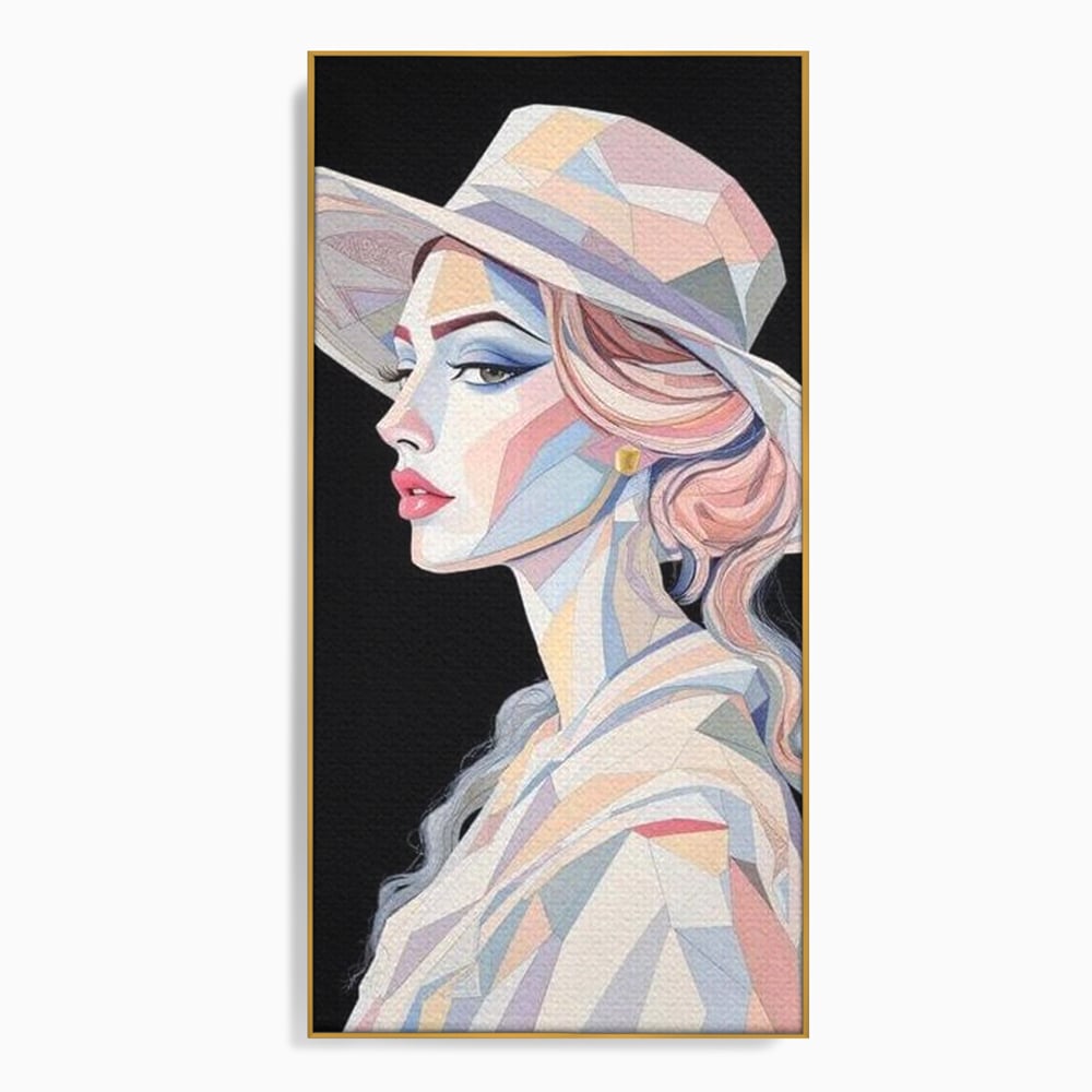 Tablou canvas cu tablou canvas cu femeie in stil cubist, in rama de aluminiu auriu