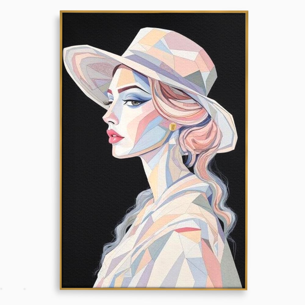 Tablou canvas cu tablou canvas cu femeie in stil cubist, in rama de aluminiu auriu