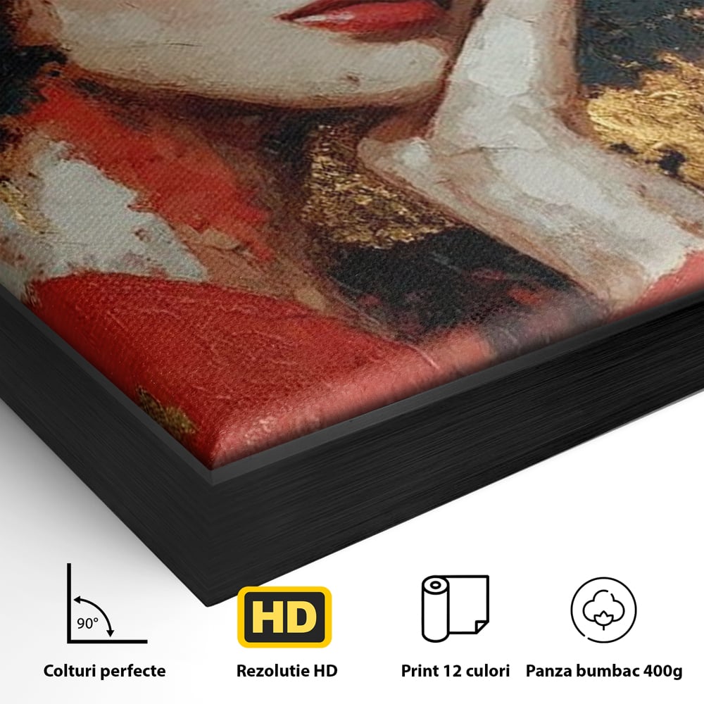 Detaliu al suprafetei: tablou canvas cu portret de femeie ros-auriu, in rama de aluminiu negru