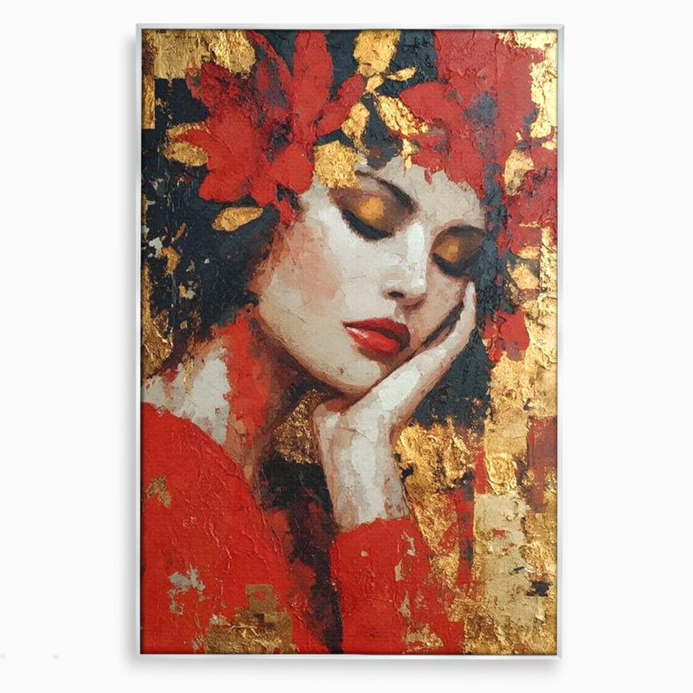 Tablou canvas cu tablou canvas cu portret de femeie ros-auriu, in rama de aluminiu argintiu