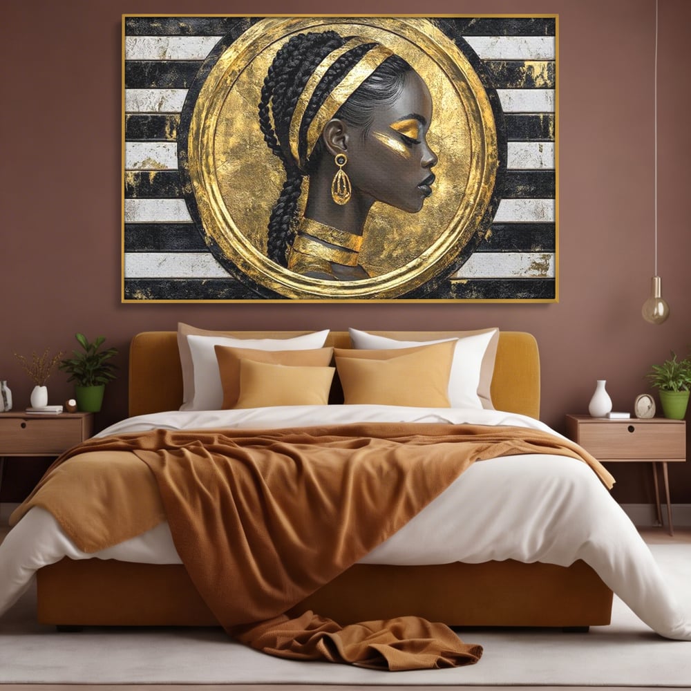 Tablou canvas cu tablou canvas cu portret afro, in rama de aluminiu auriu, pe perete intr-un dormitor