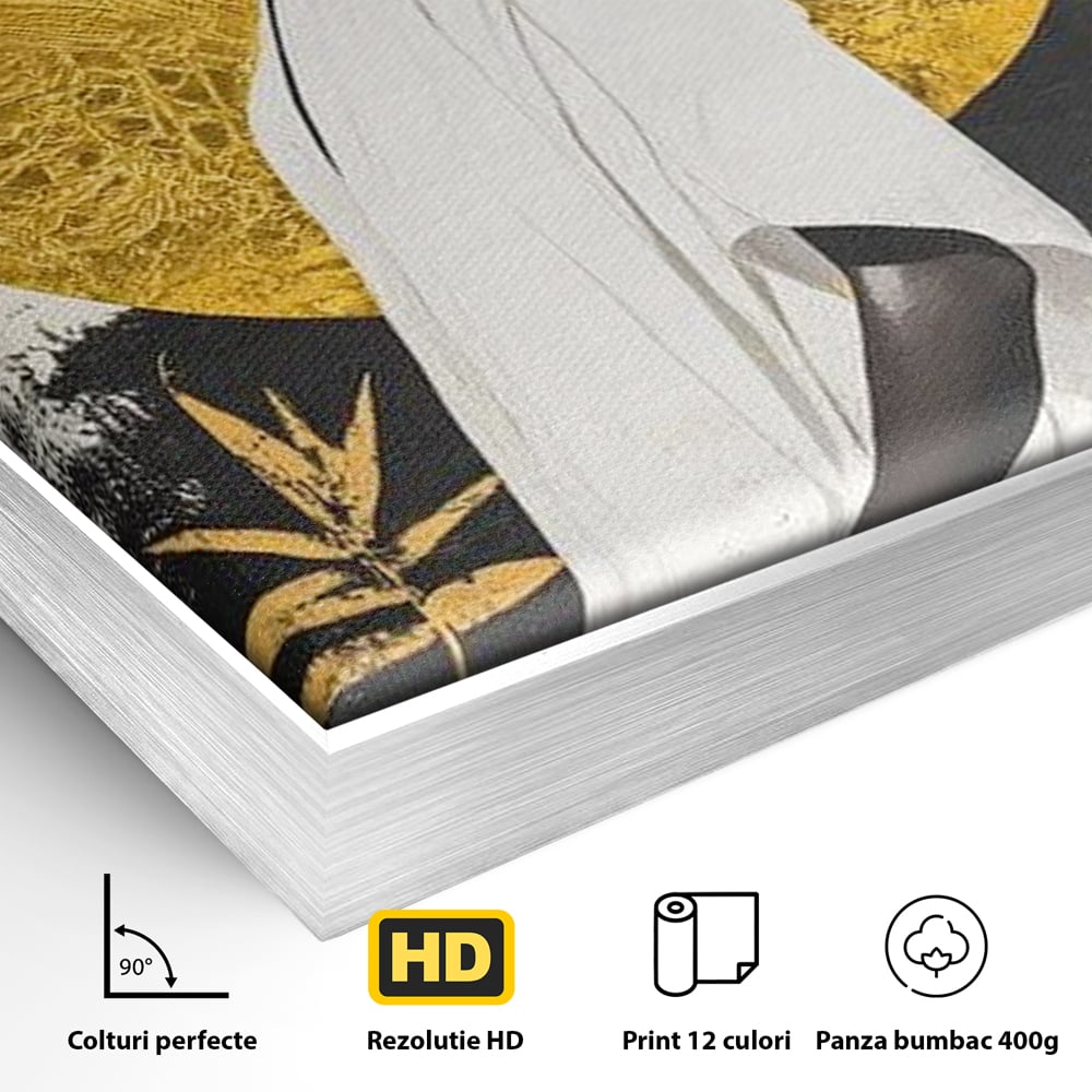 Detaliu al suprafetei: tablou canvas cu portret de femeie afro, in rama de aluminiu argintiu