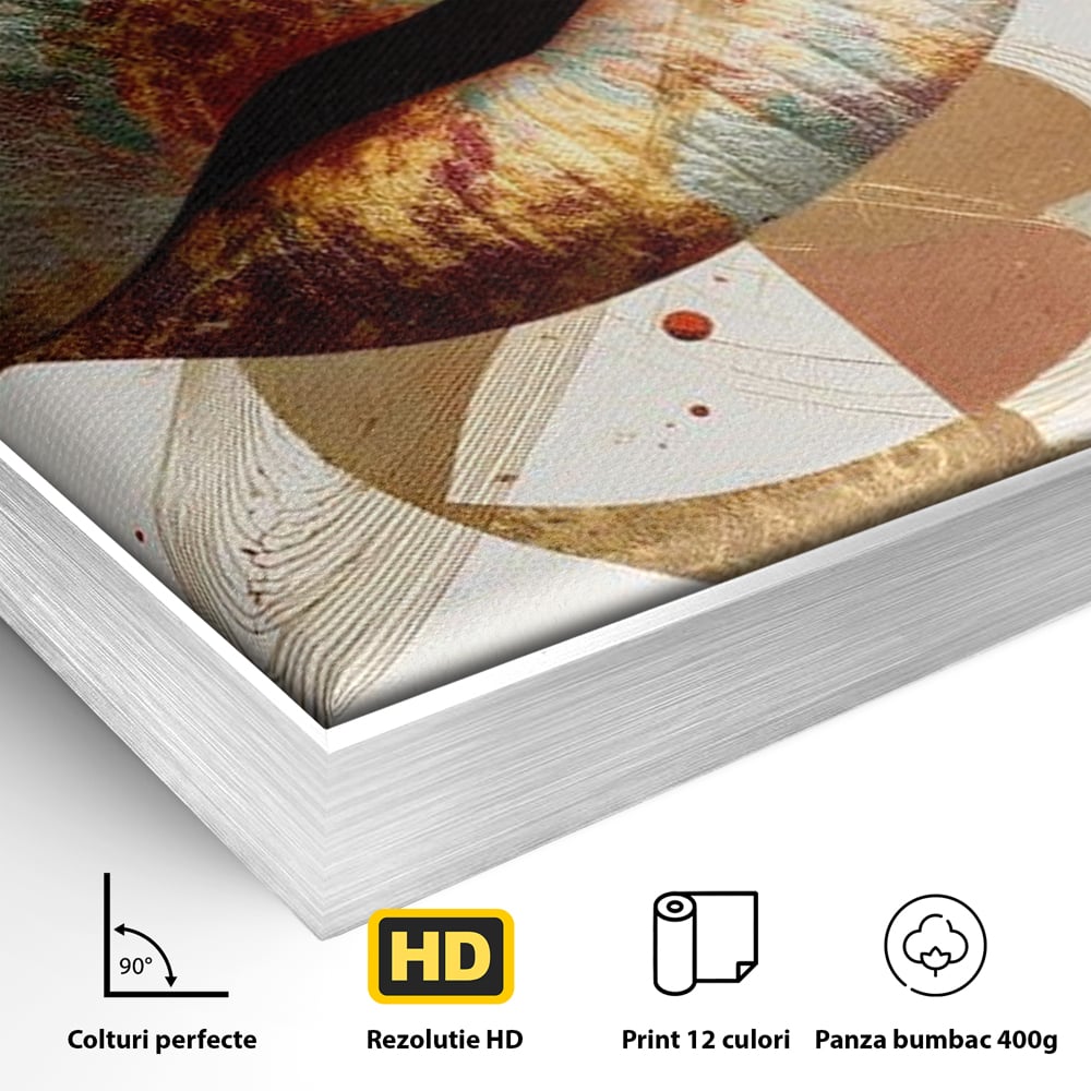Detaliu al suprafetei: tablou canvas cu buze aurii si forme geometrice, in rama de aluminiu argintiu