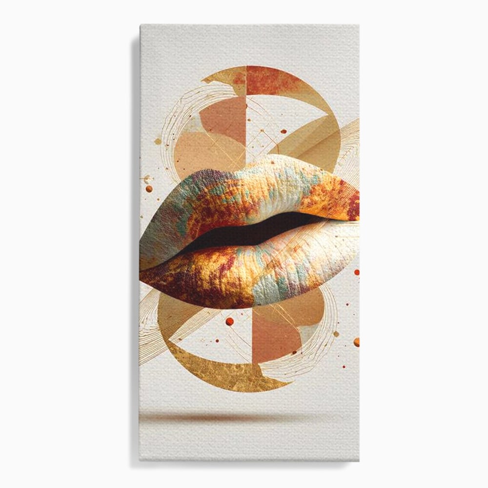 Tablou canvas cu tablou canvas cu buze aurii si forme geometrice, fara rama, pe sasiu de lemn