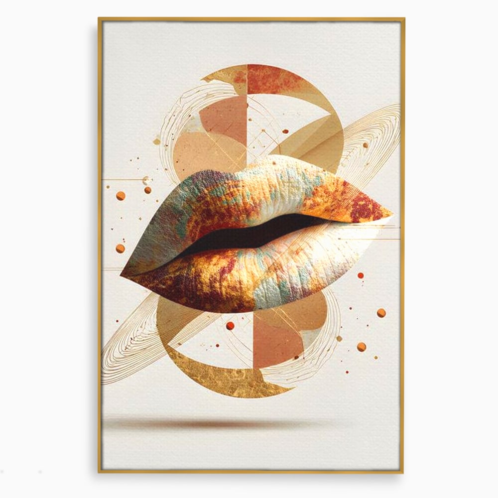 Tablou canvas cu tablou canvas cu buze aurii si forme geometrice, in rama de aluminiu auriu