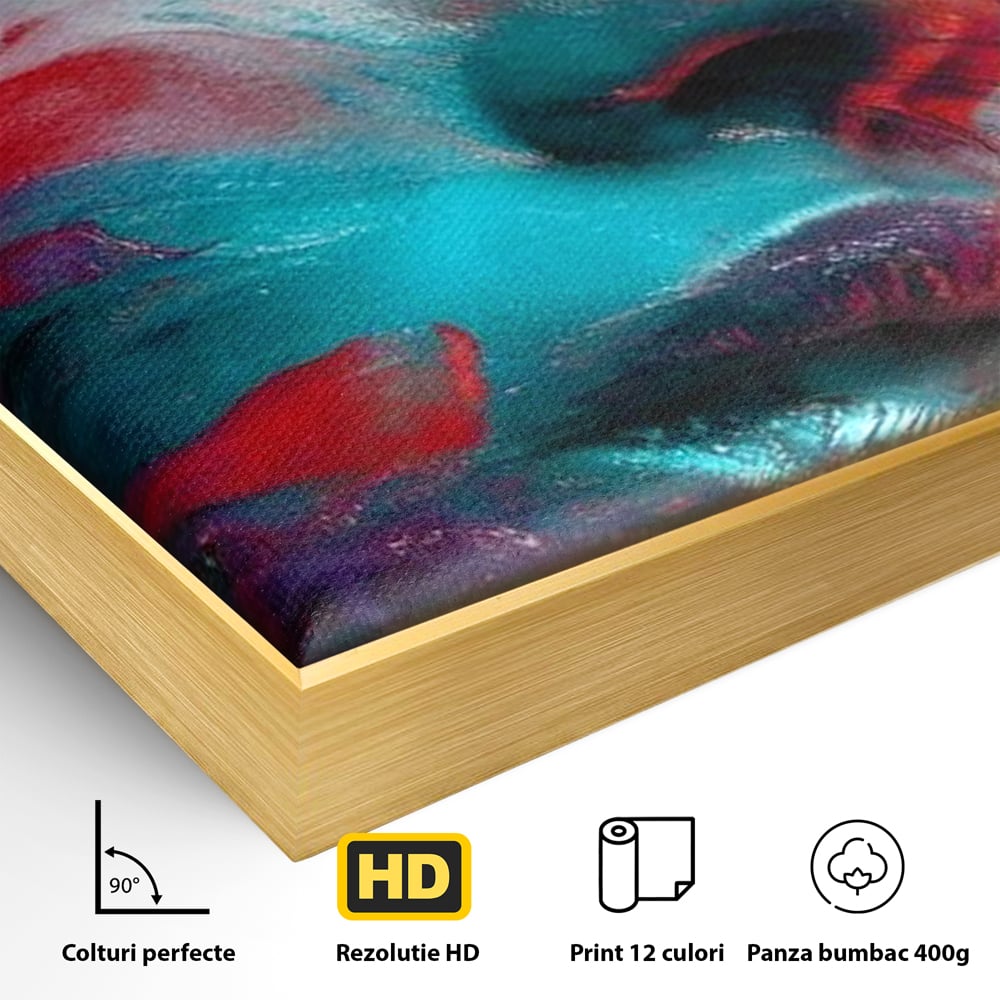 Detaliu al suprafetei: tablou canvas cu portret abstract si ochi rosu, in rama de aluminiu auriu
