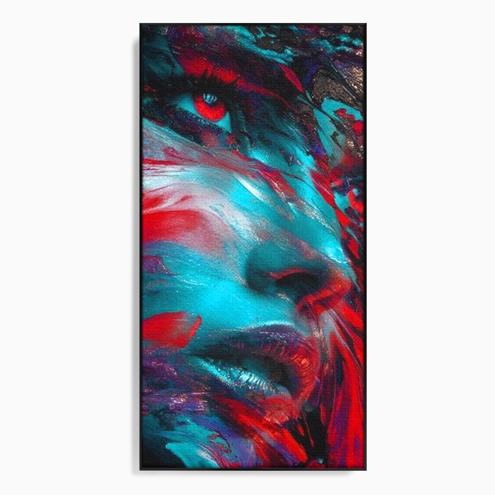 Tablou canvas cu tablou canvas cu portret abstract si ochi rosu, in rama de aluminiu negru